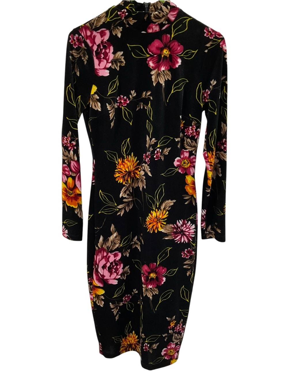 Venus Sz SM Black Velvet Bodycon Midi Dress Long Sleeve Mock Neck Floral Y2K - Picture 7 of 16